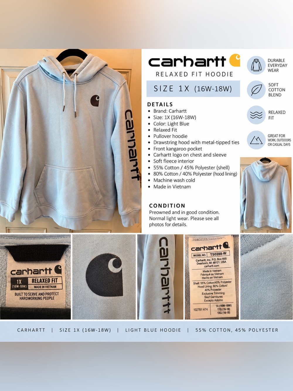 Carhartt Light Blue Relaxed Fit Logo Hoodie Size 1X 16W-18W